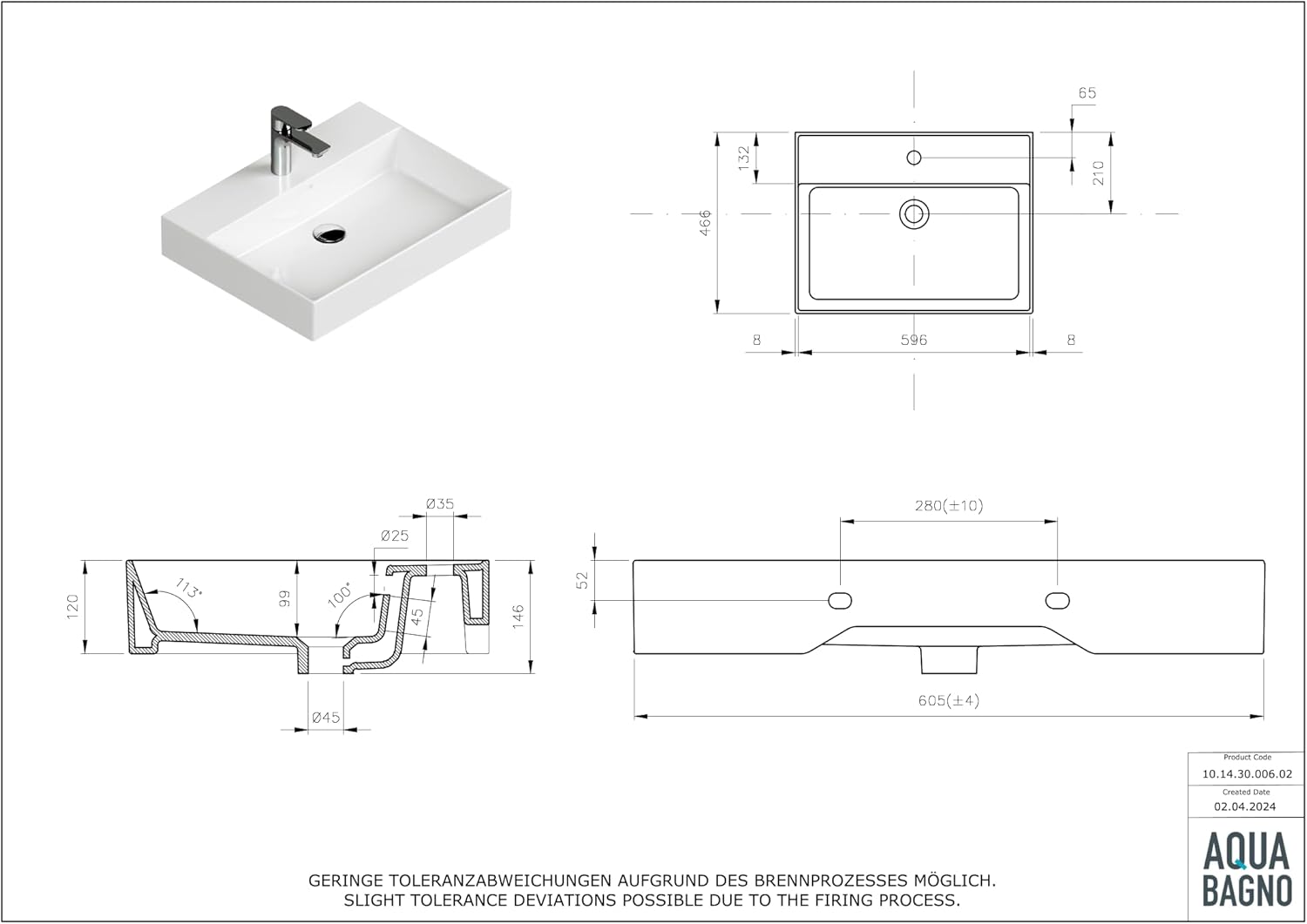 Aqua Bagno 60 cm Keramik Waschbecken Bad – modernes Aufsatzwaschbecken fürs Badezimmer, rechteckiger Waschtisch mit dünnem Rand zur Wandmontage, pflegeleichte Oberfläche, platzsparendes Eckwaschbecken