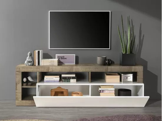 Meuble TV SEFRO - 1 porte et 4 niches - Blanc laqué et chêne