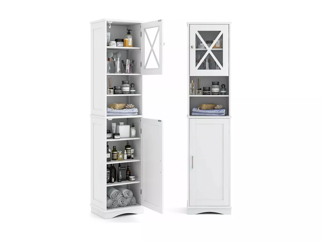 Armoire de Salle de Bain de 170 cm de Hauteur, Meuble de Rangement, Colonne, 5 Étagères Réglables, Placards à Porte, 2 Compartiments, Gain de Place, 30 x 40 x 170 cm, Blanc
