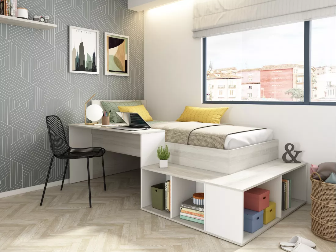 Lit combiné 90 x 200 cm avec rangements et bureau - Coloris : Naturel et blanc + Sommier + Matelas - RIGALI