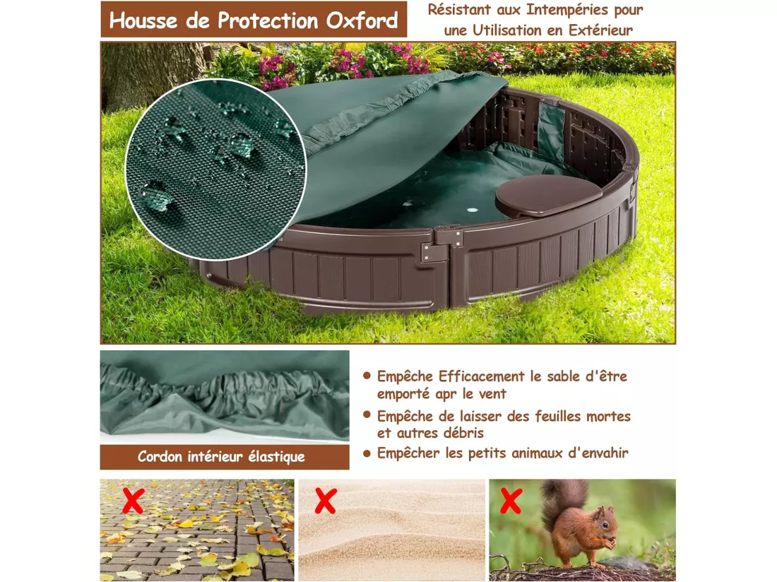 Bac à Sable Enfant Rond 120x120x21 cm en Plastique avec Couvercle Etanche Bâche Intégrée Sièges Doublure Inférieure Marron