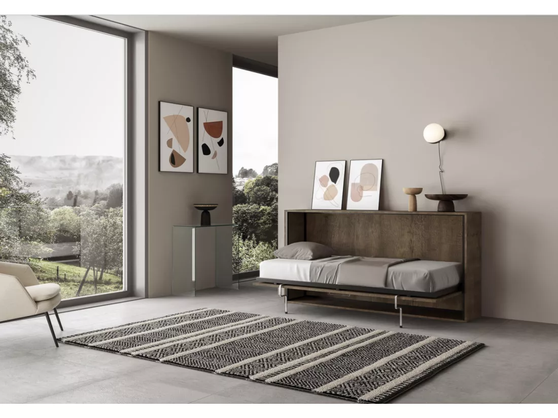 Lit escamotable horizontal noyer Bounto 85x185-1 matelas 85x185cm