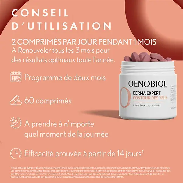 Suplemento alimentar para o contorno dos olhos Oenobiol Derma Expert, 60 comprimidos.