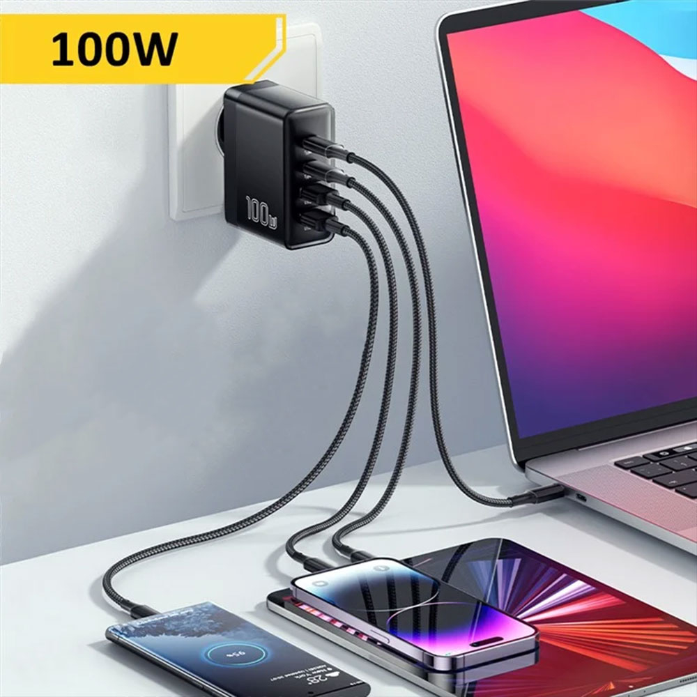 (100W) 2x USB A / 2x USB C GaN Ladegerät Netzteil Power Delivery / Quick Charge - Schwarz