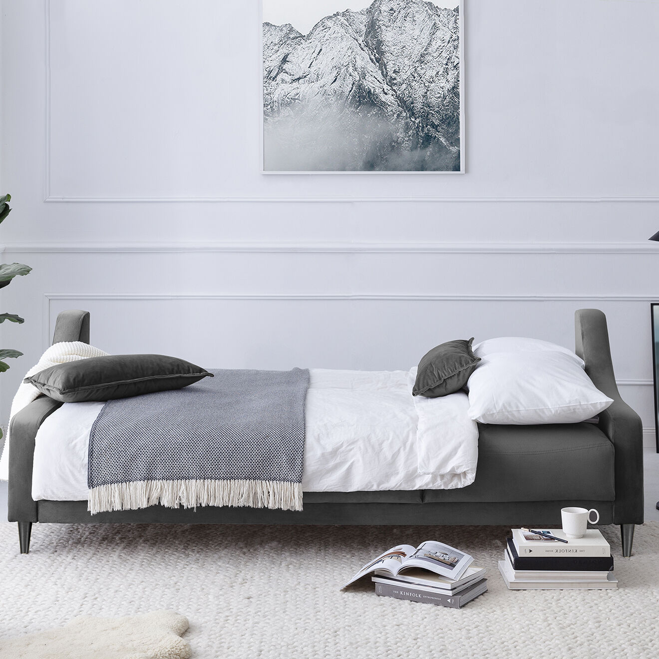 Mazzini Sofas Canapé Convertible avec Coffre en Velours Freesia gris clair - 215x94x90 cm