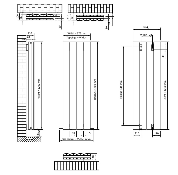 Eastbrook Guardia radiator 35x120cm aluminium 1280W zwart mat