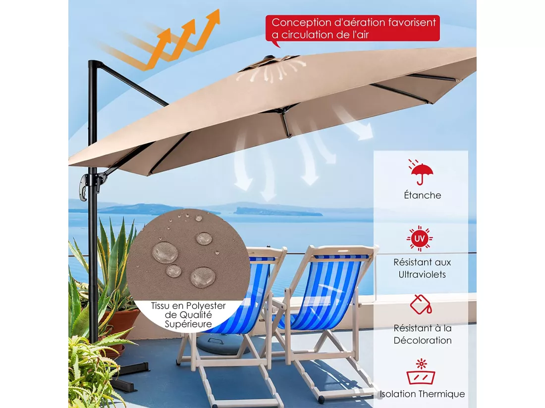 Parasol Déporté Inclinable 3x3M avec Base Croisée Rotatif à 360°,Manivelle,8 Baleines,Event pour Jardin,Terrasse,Café