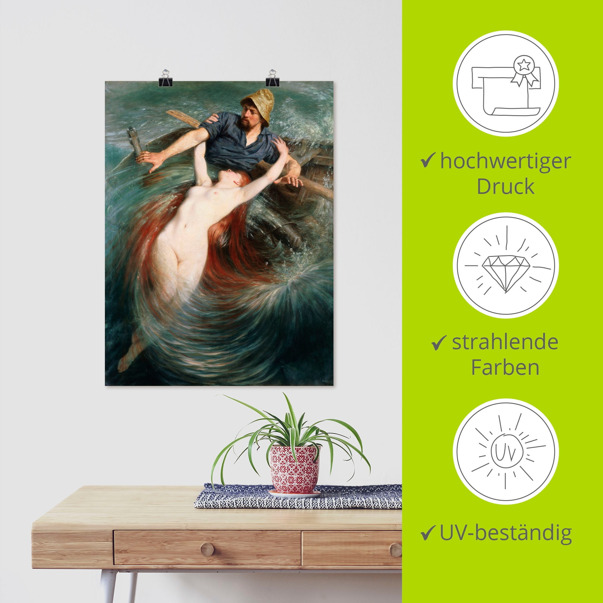 Artland Poster »Ein Fischer in den Fängen einer Sirene.« klassische Fantasie 1 Stk. tlg. als Leinwandbild, Poster in verschied. Grössen