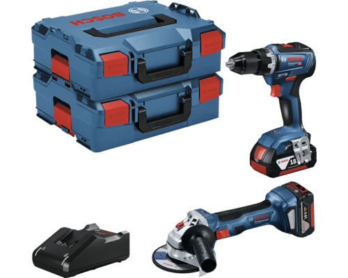 18V Bosch Professional Accuboormachine + Haakse Slijper Set incl. 2x Accu's (4.0Ah), Lader en 2x L-BOXX 136