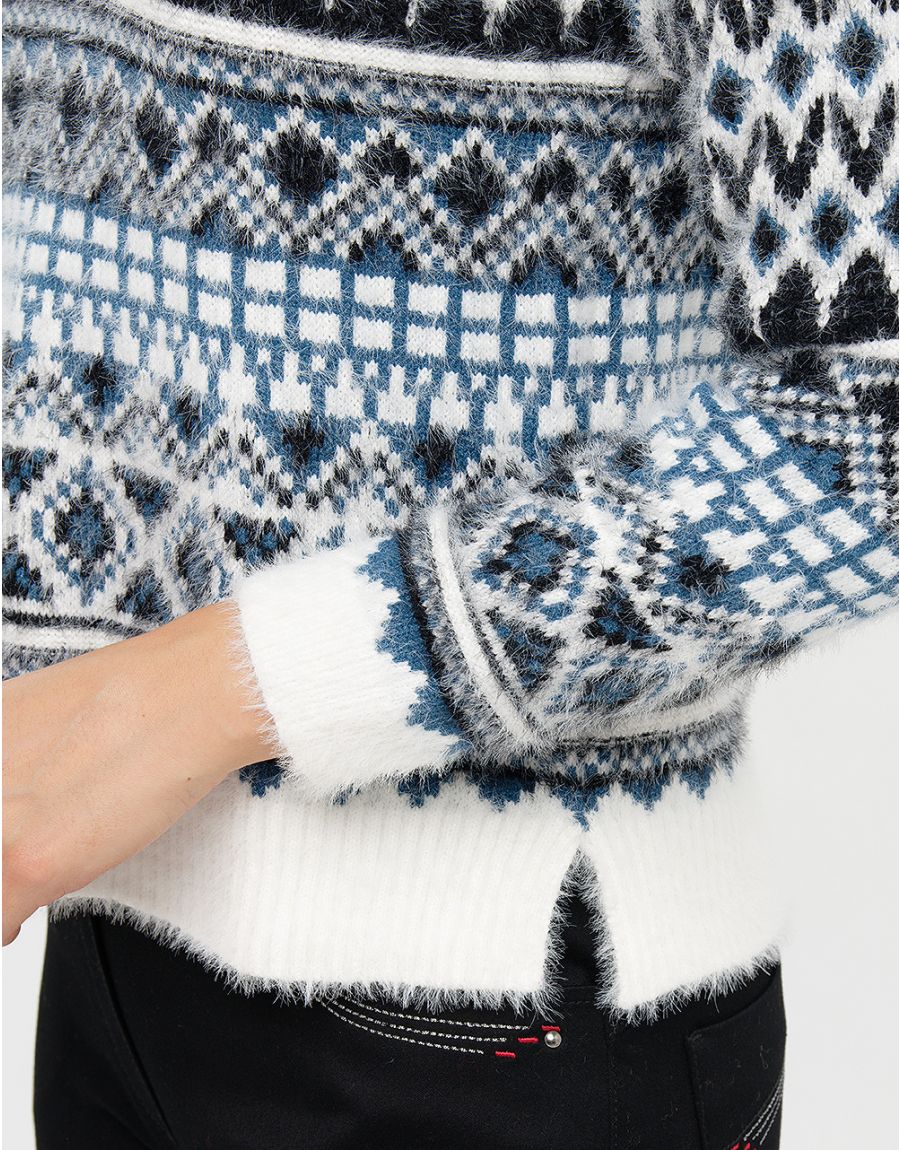 Pull jacquard bleu blanc