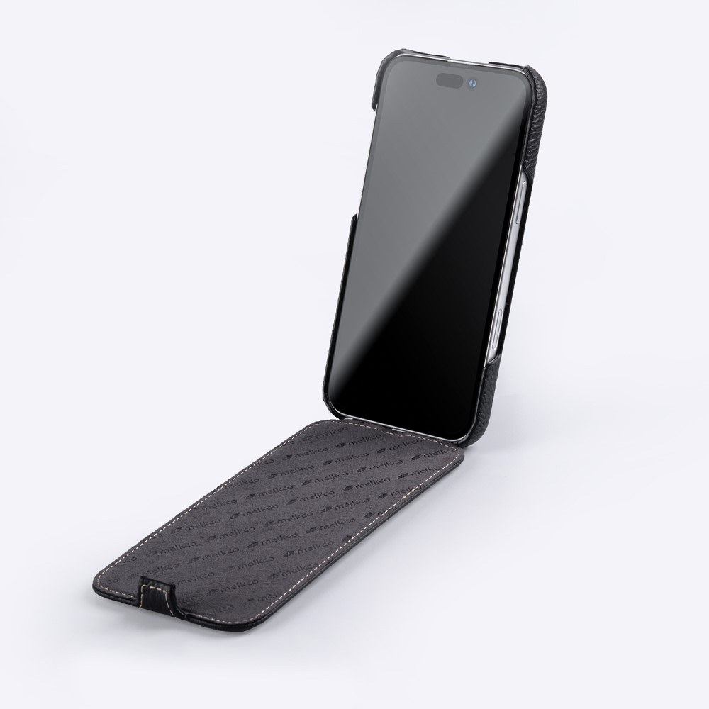 iPhone 16 Echtleder Tasche Flip Cover Vertikal Litchi Look - Schwarz