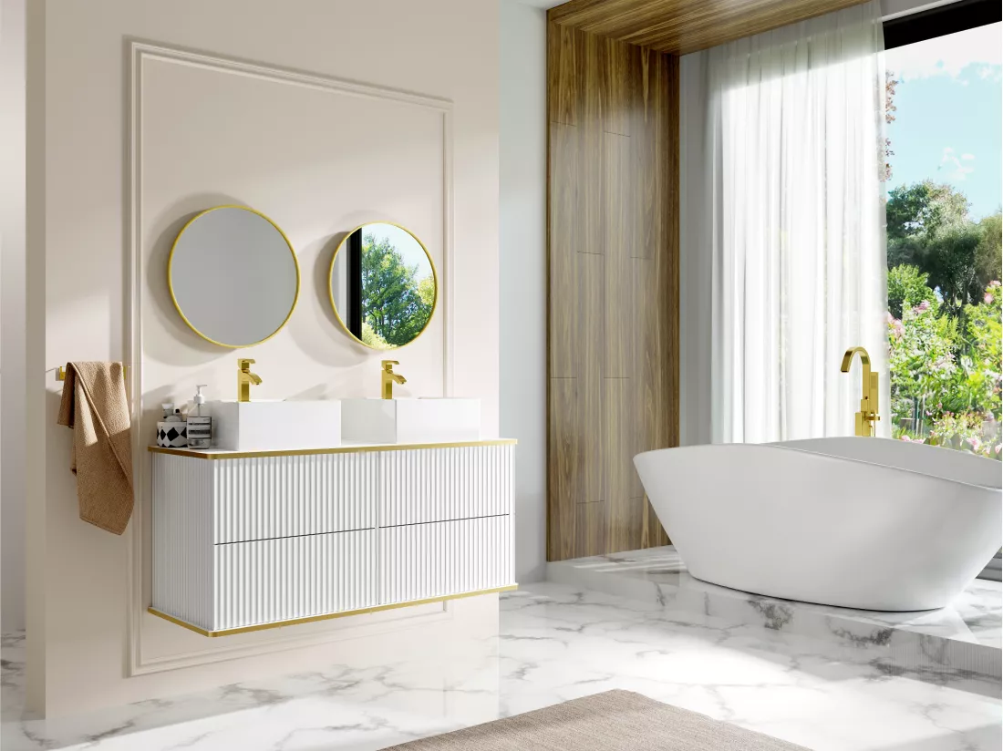 Meuble de salle de bain suspendu strié liseré doré avec double vasque à poser carrée - Blanc - 120 cm - KELIZA