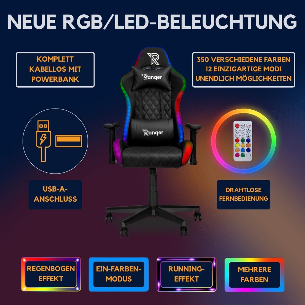 Halo Gaming Stuhl RGB LED Bürostuhl, Ergonomischer Schreibtischstuhl mit 350 Farben & Effekten, Höhenverstellbare 2D Armlehnen, 90-180° Rückenlehne, Drehstuhl für Gamer, Schwarz
