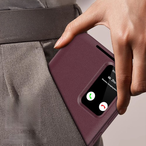 Samsung Galaxy S25 Ultra Leder Hülle Small Window View Flip Case Litchi Look- Dunkelrot
