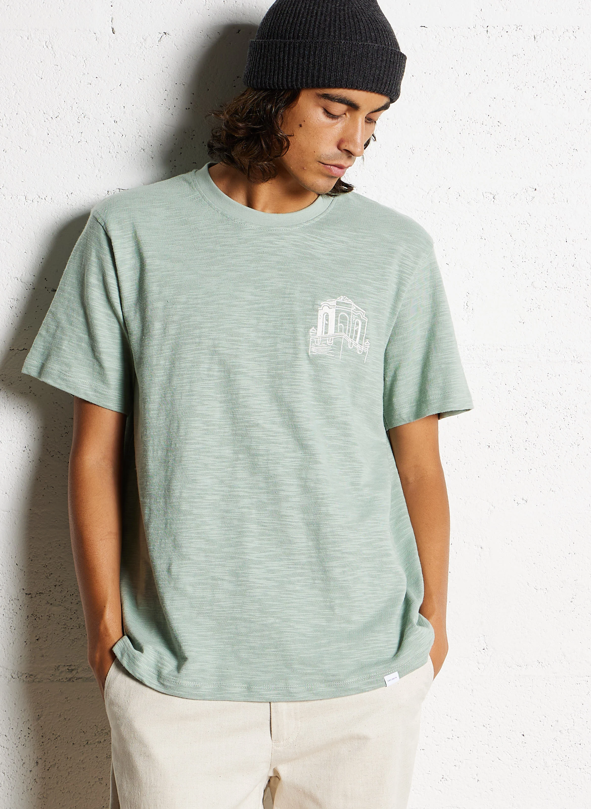 HOTEL - Tee-shirt col rond brodé en coton flammé | Vert
