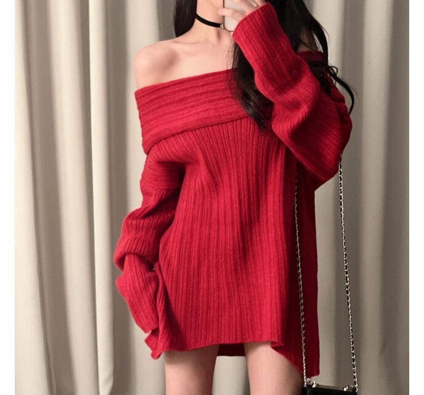 PINPI - Off-Shoulder Effen Gebreide Mini Shift Jurk