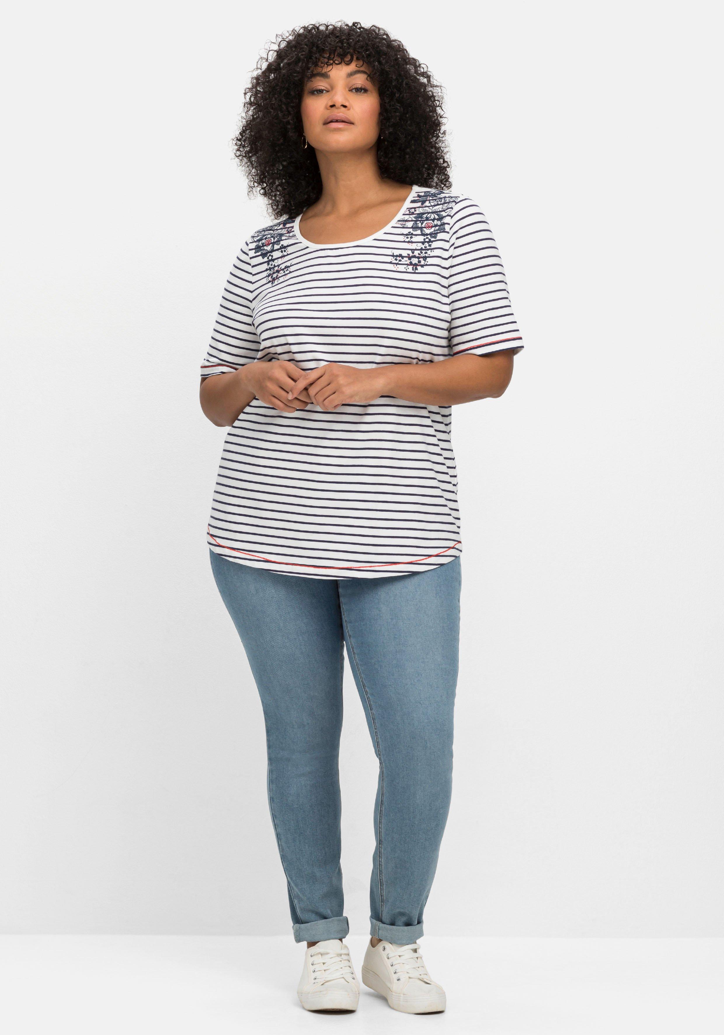 Ringelshirt mit floralem Druck und Kontrastnähten