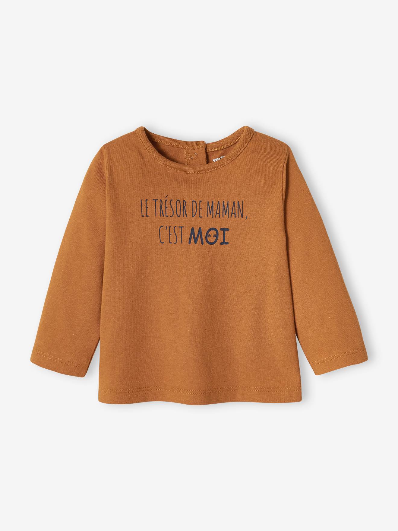 Camiseta bege de manga comprida com mensagem para bebê