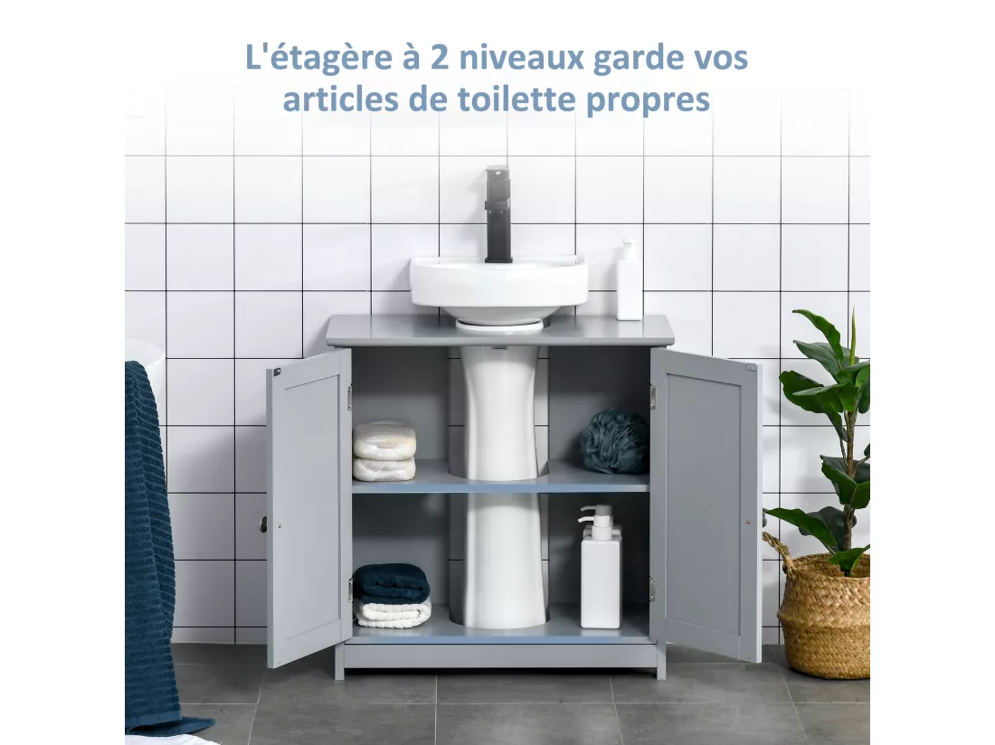 Meuble vasque - meuble sous-vasque - 2 portes rainurées avec étagère réglable - poignées métal chromé - dim. 60L x 30l x 60H cm - MDF gris