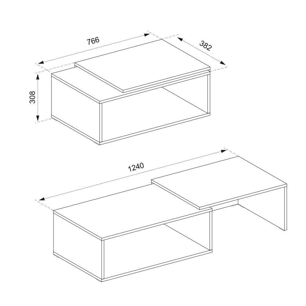 Vicco Couchtisch Bert 76,6 x 38,2 cm , Anthrazit Eiche, moderner Ausziehtisch