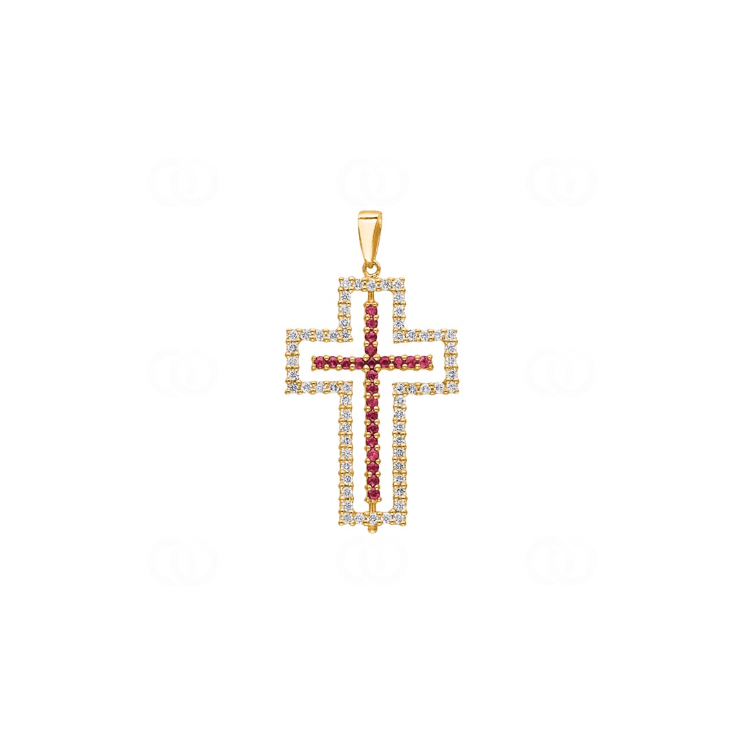 Kreuzanhänger 750/18 K Gelbgold mit Rubinen & Diamanten 0.61 ct H/si