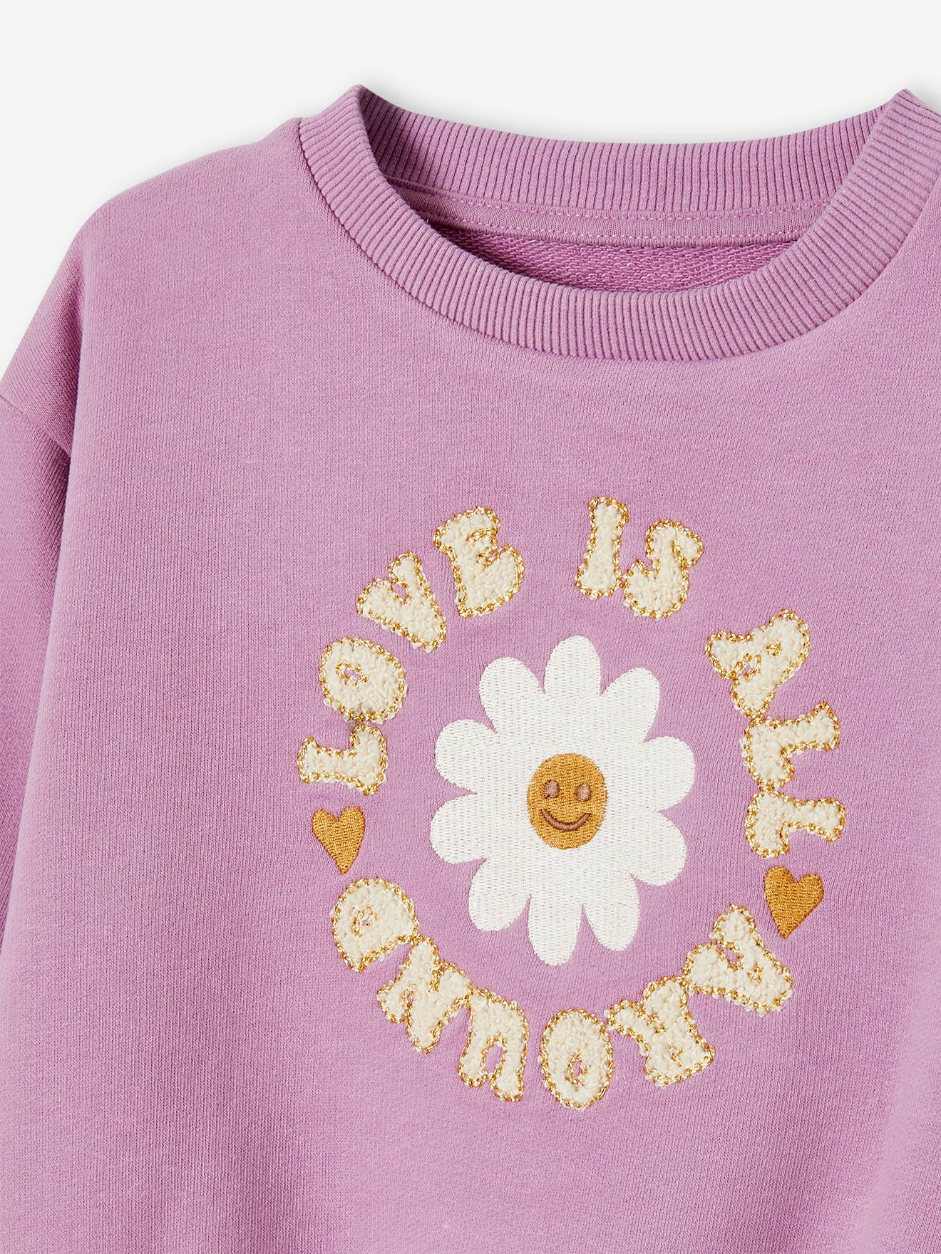 Blusa de moletom lilás com estampa de flores e cachos para meninas