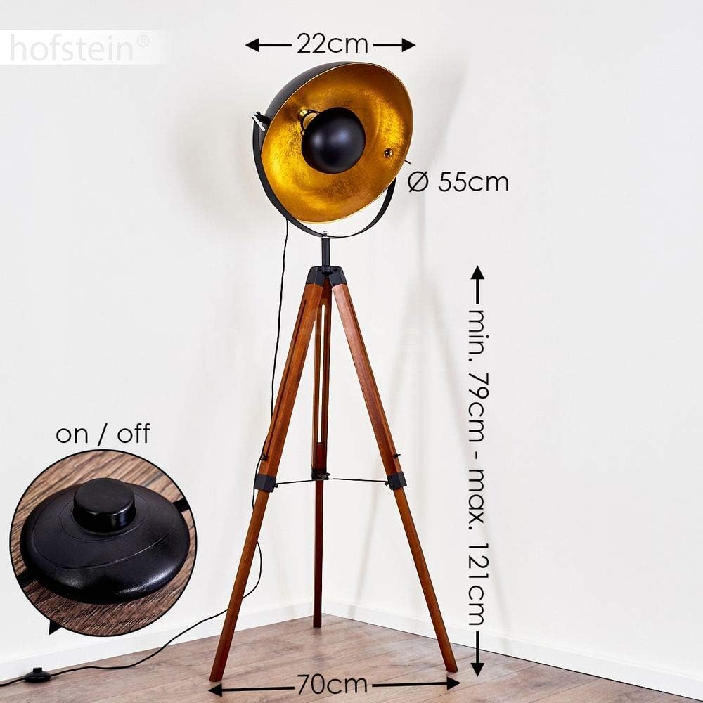 Stehlampe Jupiter, Vintage Stehleuchte in Schwarz/Gold aus Metall m. Gestell aus Holz, Ø 55cm, E27-Fassung, verstellbare Bodenleuchte im Retro-Design, ohne Leuchtmittel