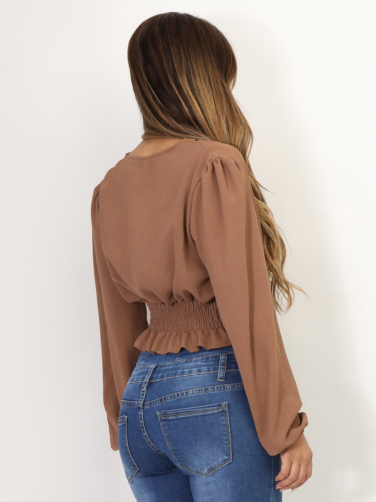 Blouse cache-coeur à manches ballons- Camel