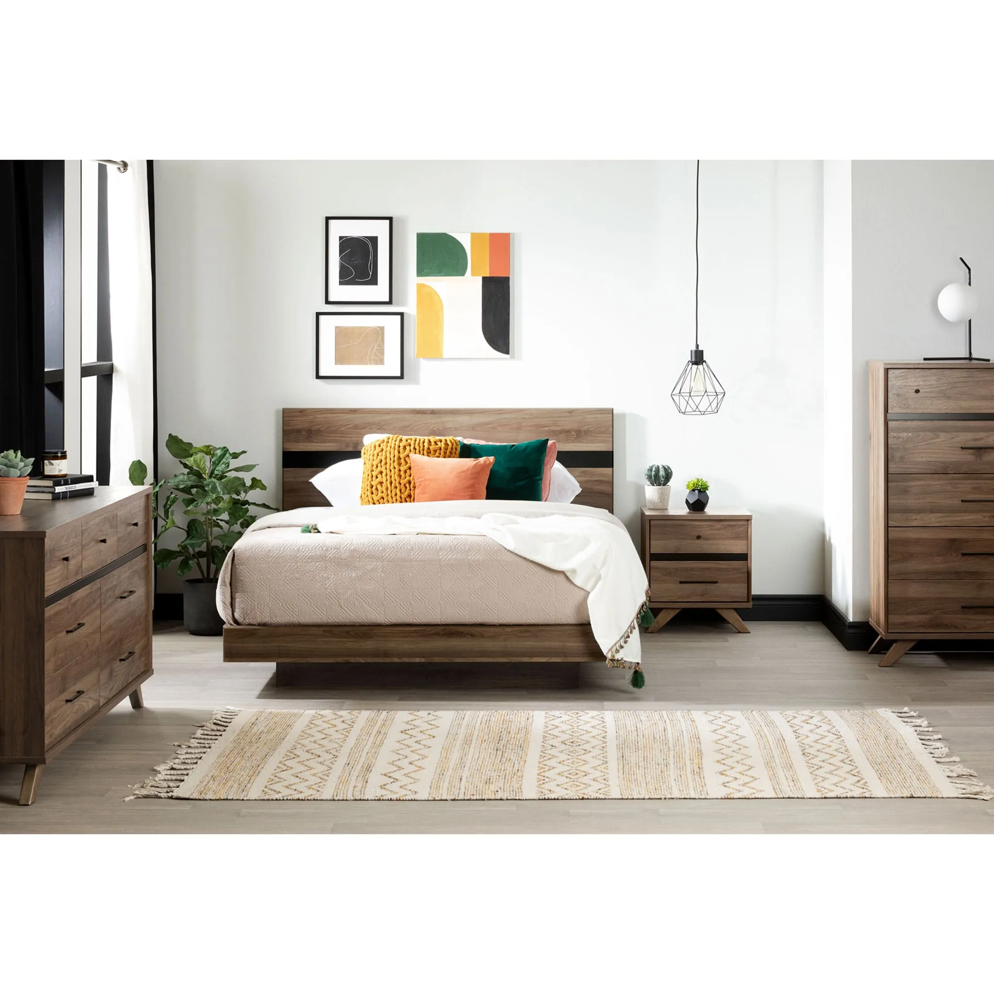 South Shore Table de Chevet 2 Tiroirs - Flam Noyer Naturel et Noir mat