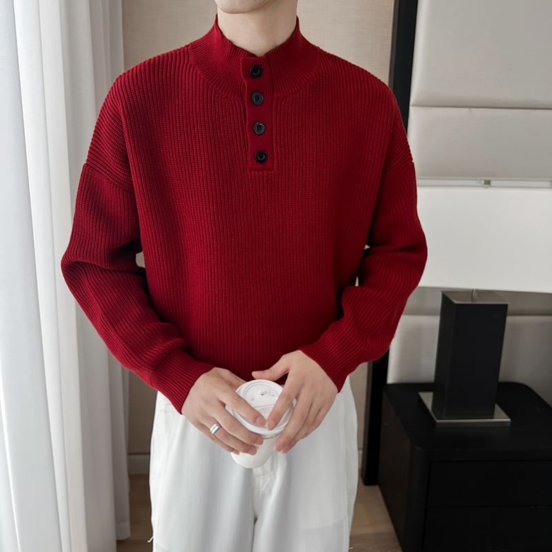 ravewider - Mock Neck Henley Effen Trui