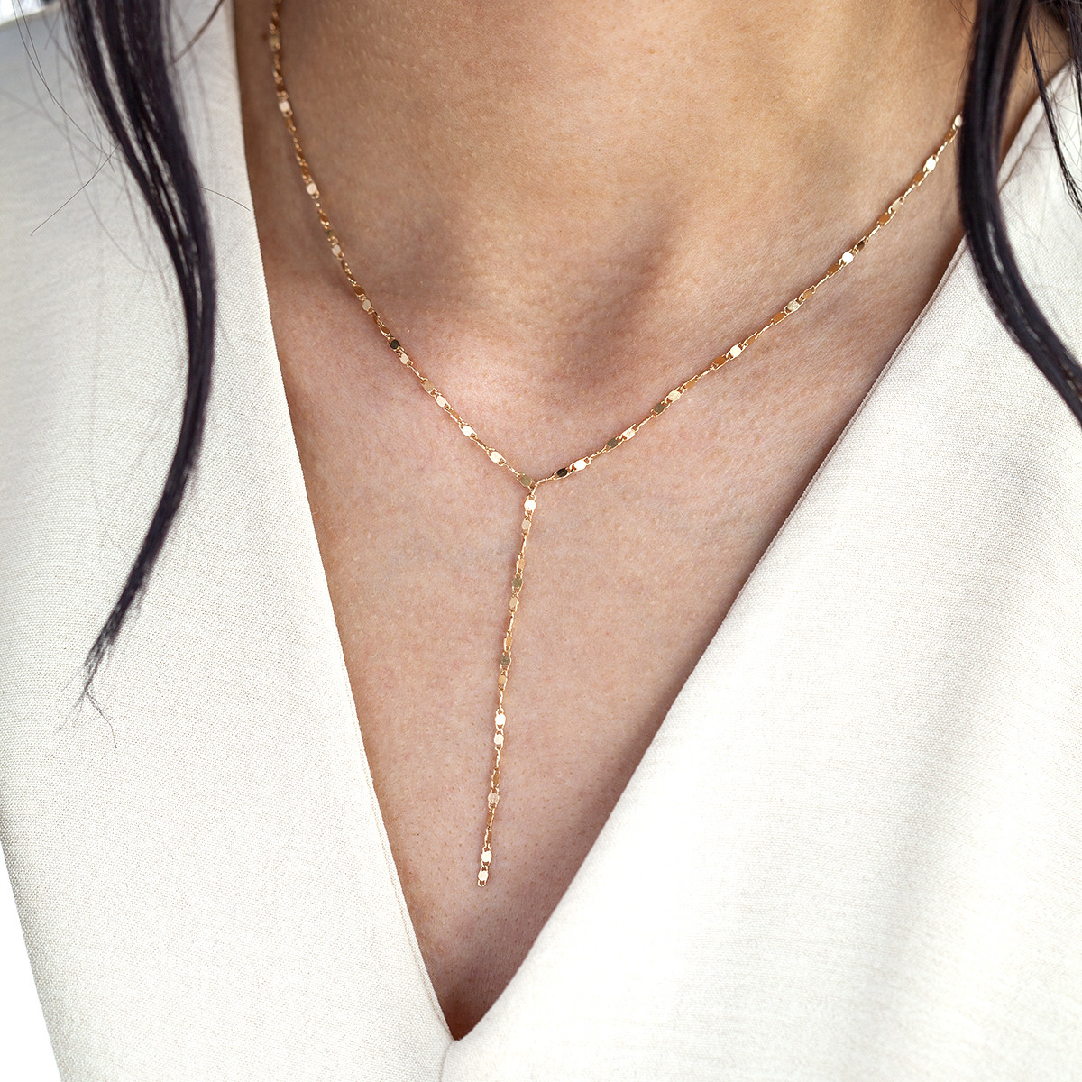 Collier plaqué or en forme Y maille plate 40 à 45 cm