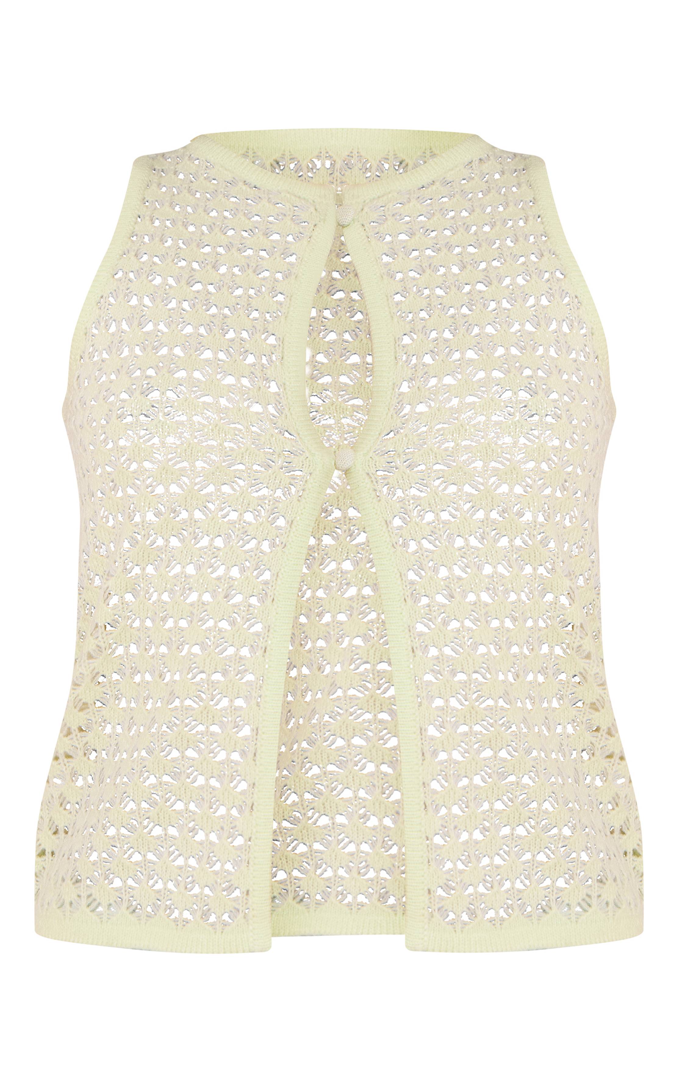 Citron Vert Gilet Sans Manches En Maille Crochet Ajouré Avec Boutons Perlés
