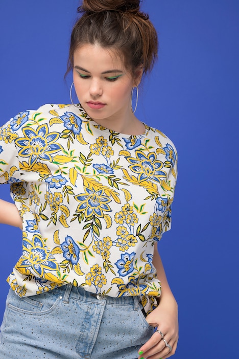 T-Shirt, oversized, Flowerprint, Rundhals, Halbarm