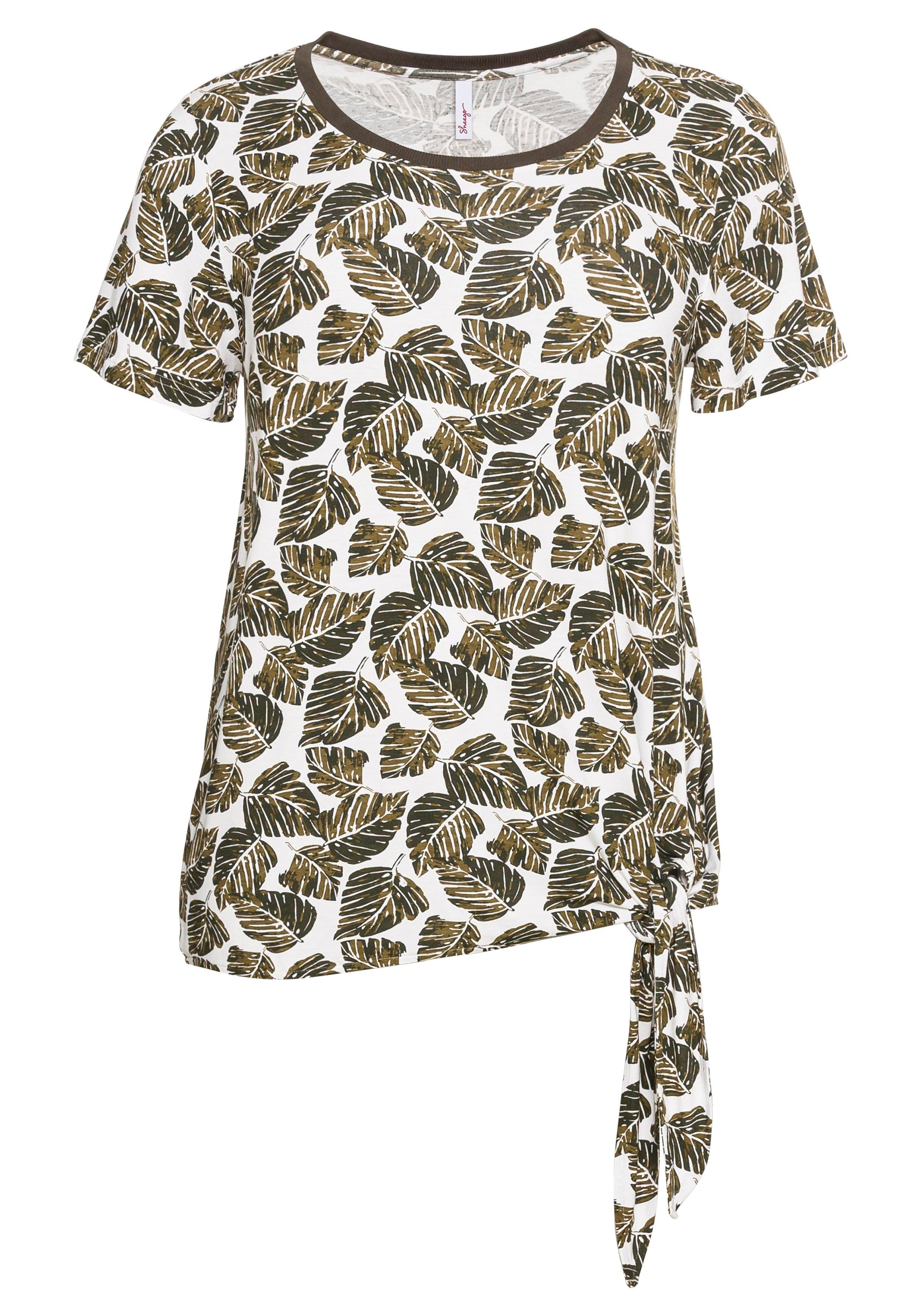 Shirt mit Blätterprint und Knoten am Saum