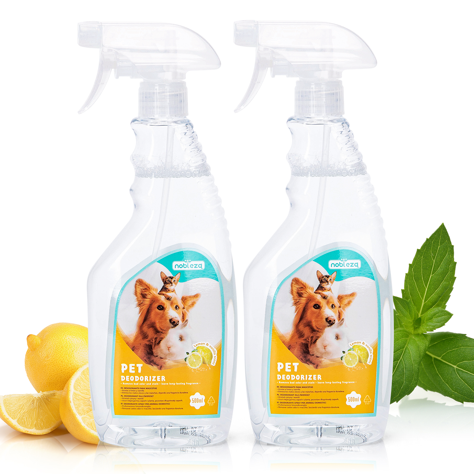Nobleza - 2 × Spray Desodorizante de Longa Duração para Cães e Gatos, Eliminador de Odores sem Álcool, Desodorizante Suave, para Animais de Estimação, Cães e Gatos, 500 ml