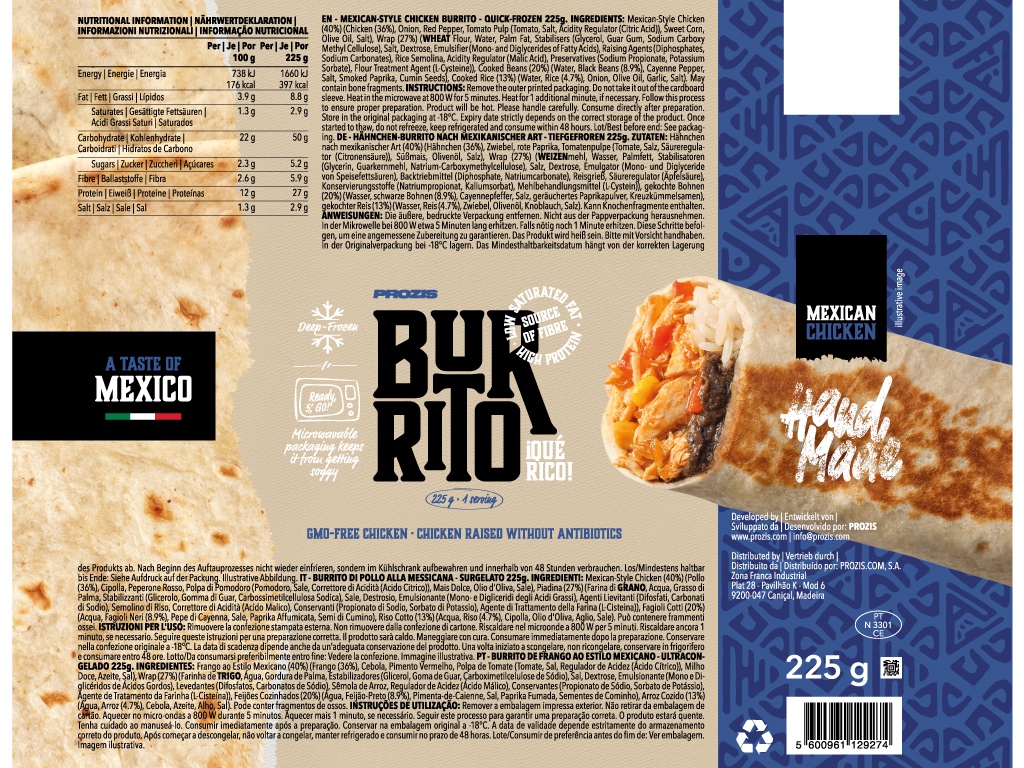 BURRITO ESTILO MEXICANO PROZIS FRANGO 225 G