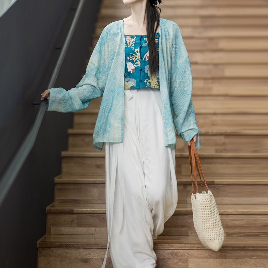 Keiko Girl - Hanfu open voorkant jas / bloemen camisole top / wijde broek / set