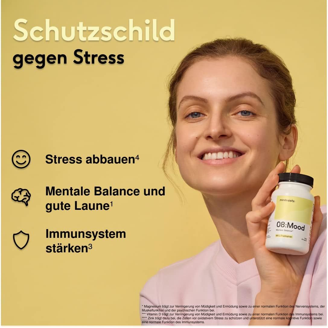 mindsupply MOOD - Anti-Stress Kapseln mit L-Tryptophan, Coenzym Q10, Vitamin D und Rosenwurz