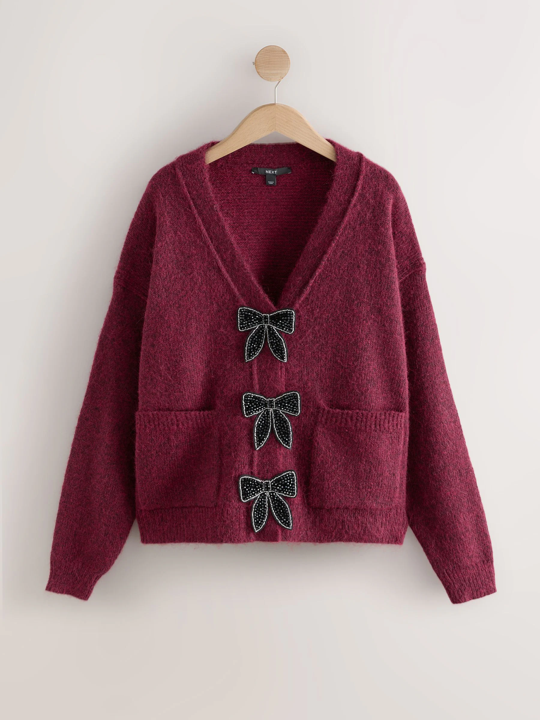 Bordeauxrood - Vest met strikknopen en zak