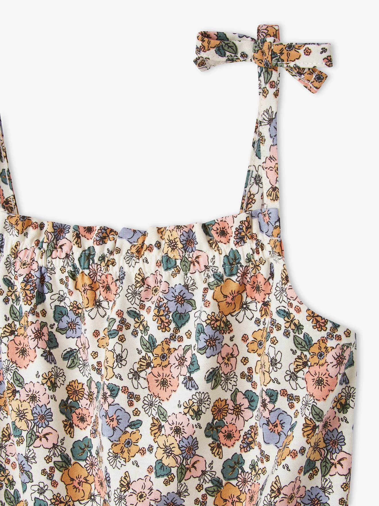 Macacão curto com alças e estampa exótica, para meninas, estampa amarelo escuro.