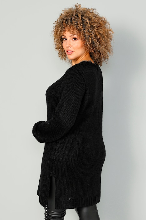 Long-Pullover, V-Ausschnitt mit Spitze