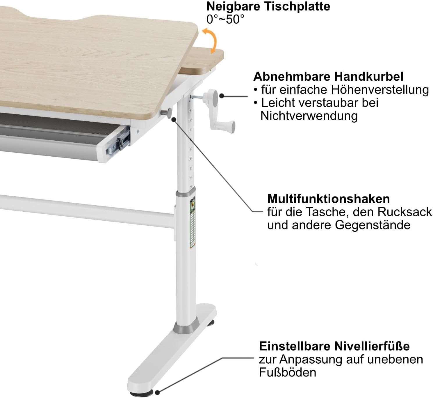 HOKO Kinderschreibtisch, Höhenverstellbar Kinderschreibtische 120x60 cm, Schreibtisch Kinder ab 6 Jahren, neigbare Tischplatte mit Schubladen, 100kg Belastbarkeit, Verstellbar von 54-76cm (Holz,CELIN)