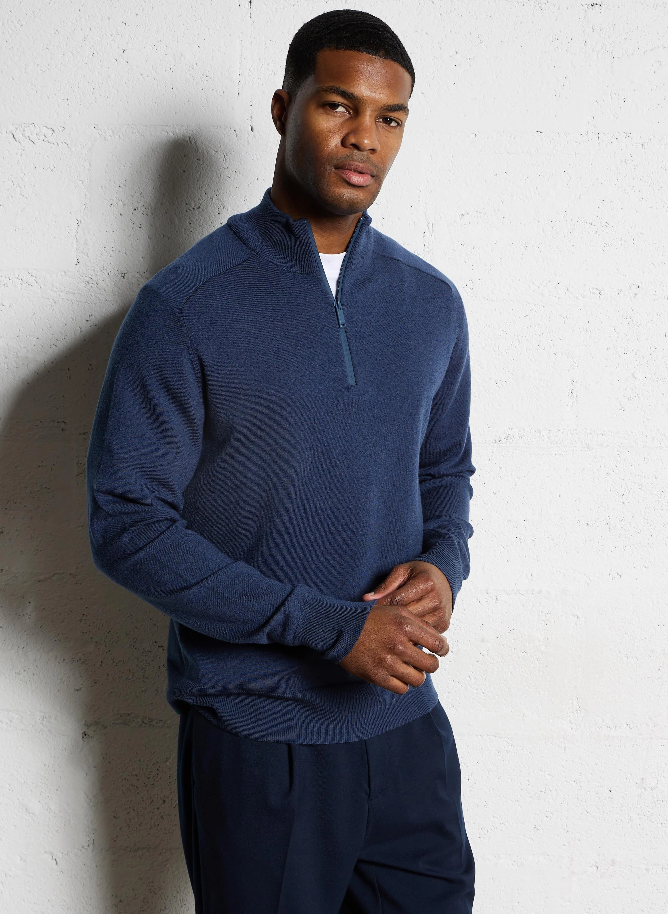 Pull col zippé droit en laine mélangée | Bleu