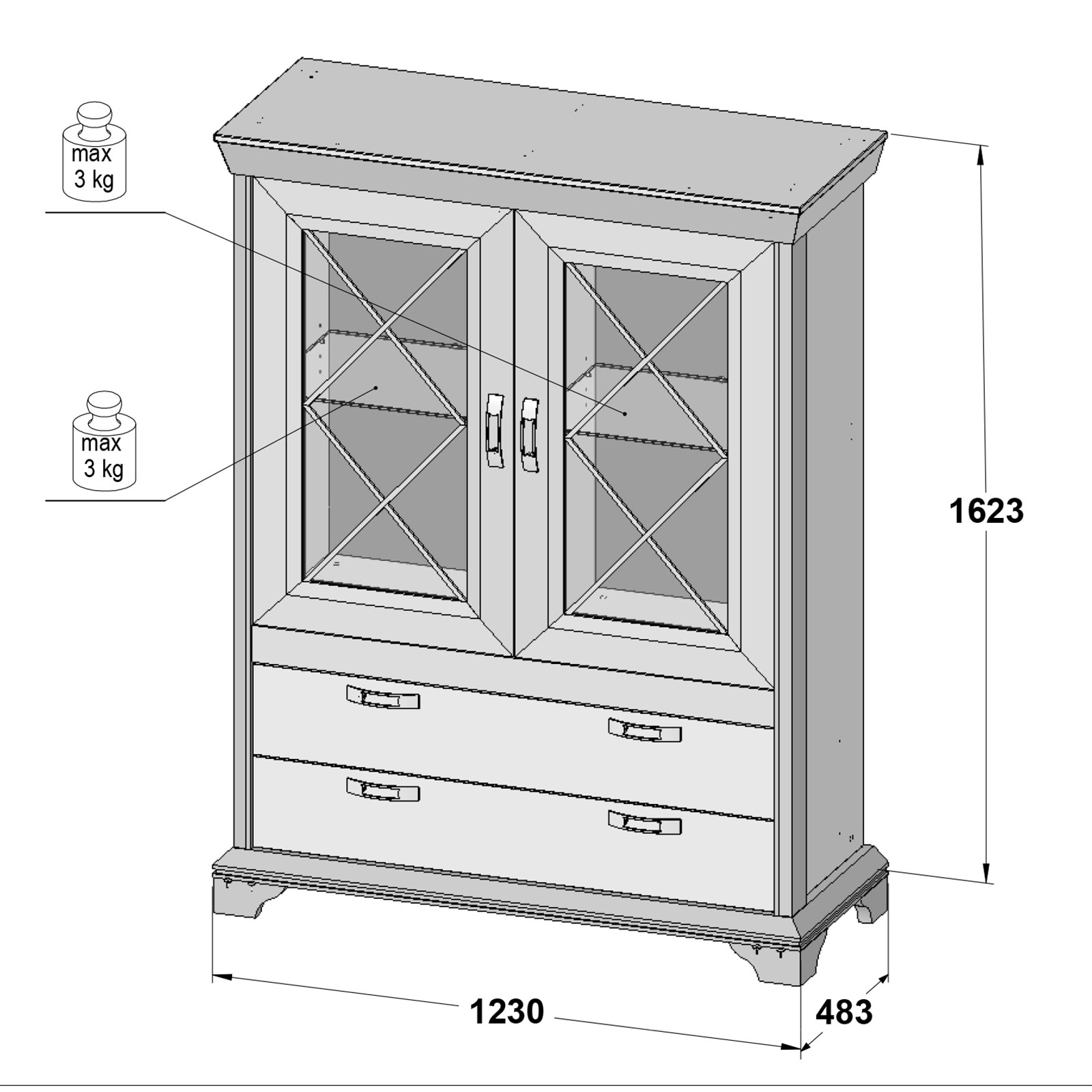 Vitrine breit - Pinie weiß - 2 Schubkästen