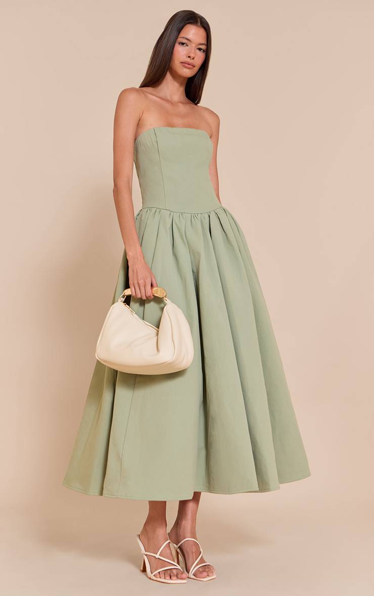 Vert Sauge Robe Patineuse Mi-longue À Bandeau Froncé En Tissu Tissé