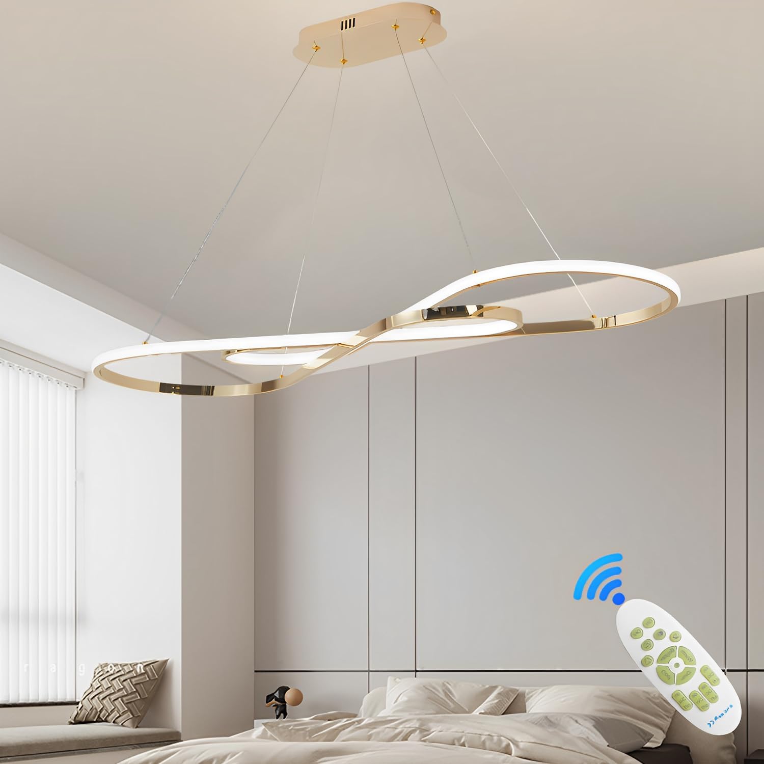 57W Dimmbare LED Pendelleuchte, Doppelfigur 8 Design Hängeleuchte mit Fernbedienung, Pendellampe Hängend Höhenverstellbar, Hängelampe für Wohnzimmer, Esstisch, Esszimmer, Küche, Gold