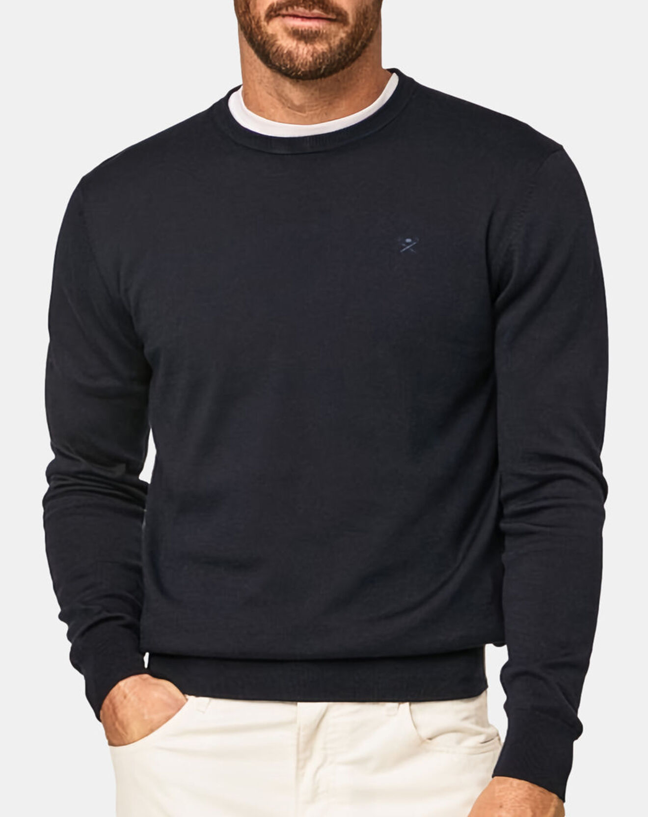 Hackett London Pull en Coton & Soie col rond bleu foncé