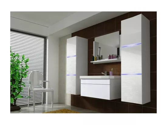 Meuble sous vasque 80cm suspendu collection RAVEN, coloris blanc mat et brillant, idéal pour une salle de bain design