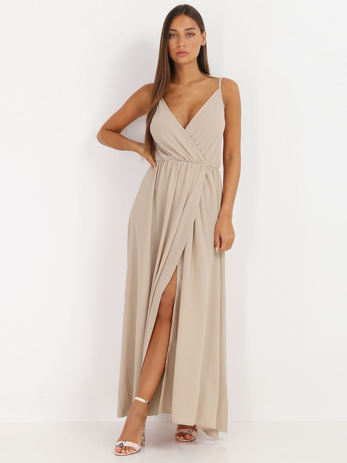 Robe longue portefeuille- Beige
