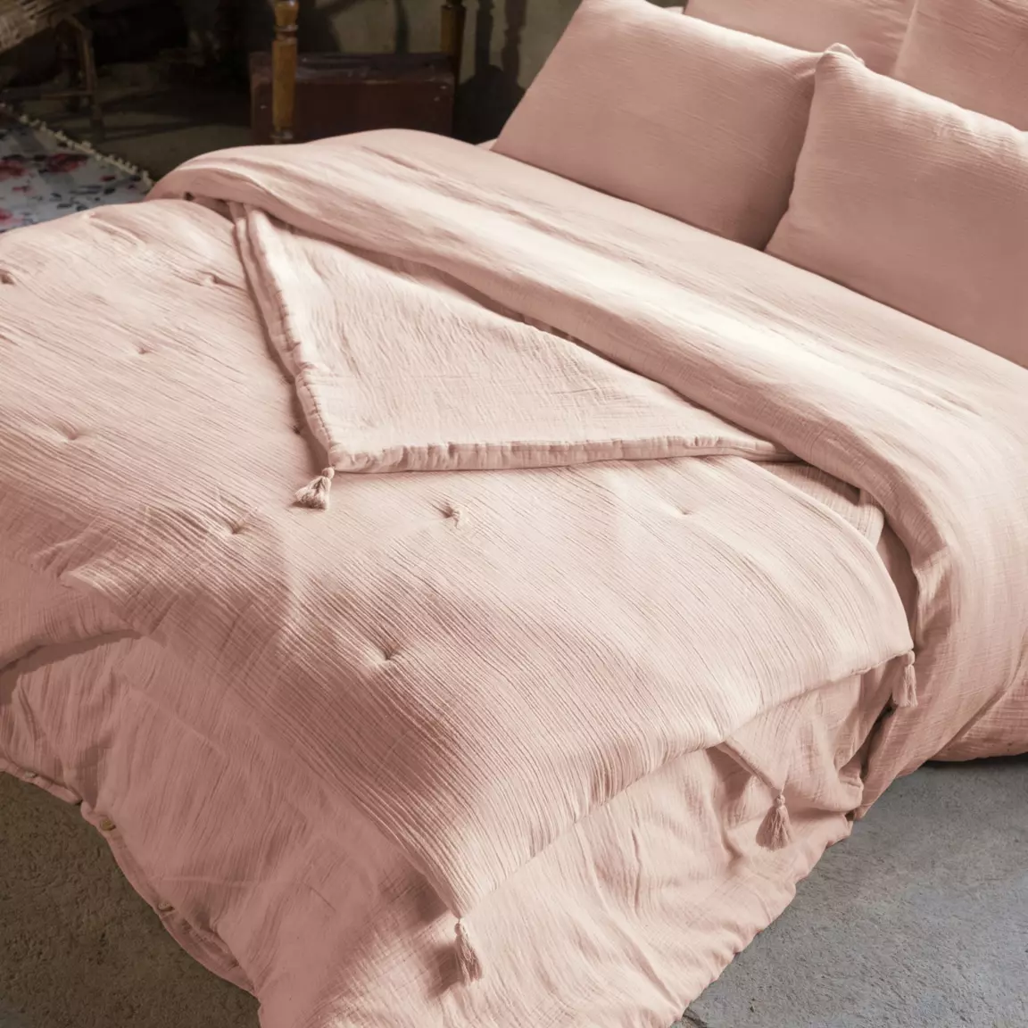 Edredon gaze de coton (150 x 150 cm) Gaïa Rose poudré
